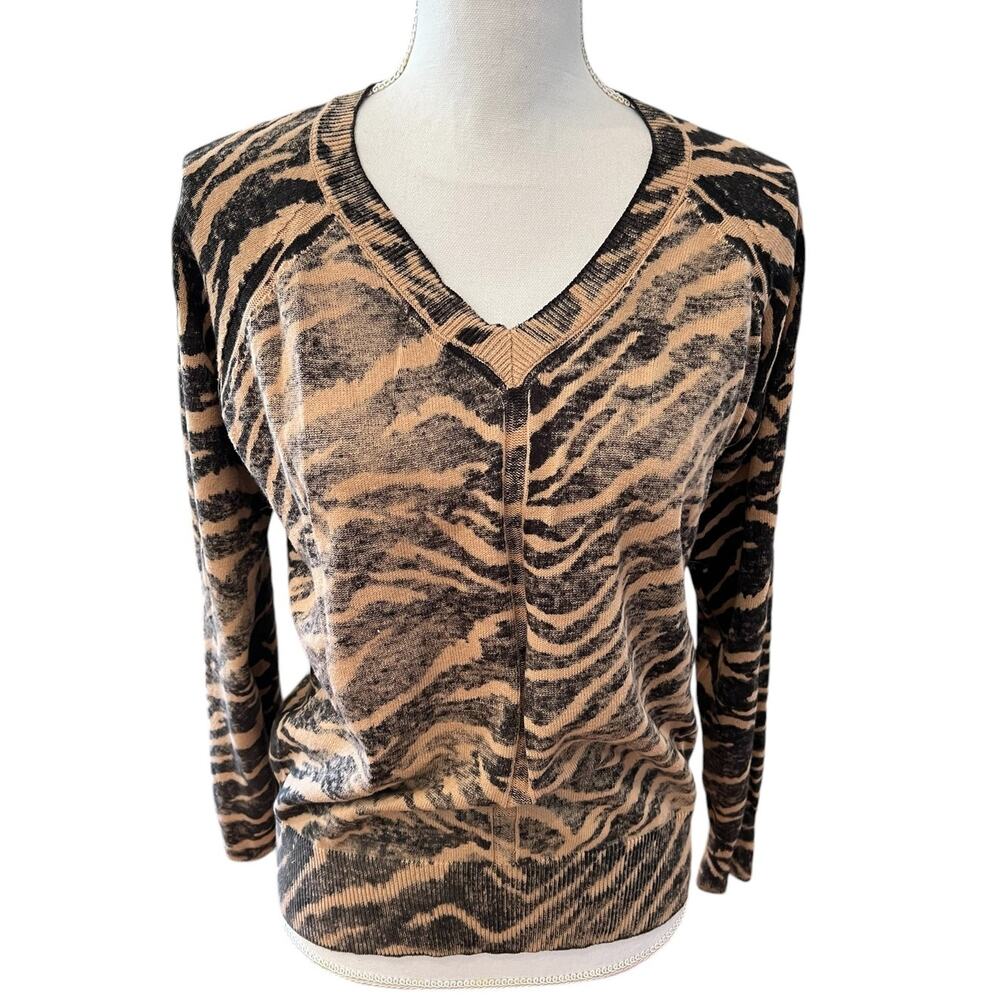Elan Vintage Wash V Neck Sweater Zebra Stripe Animal Print